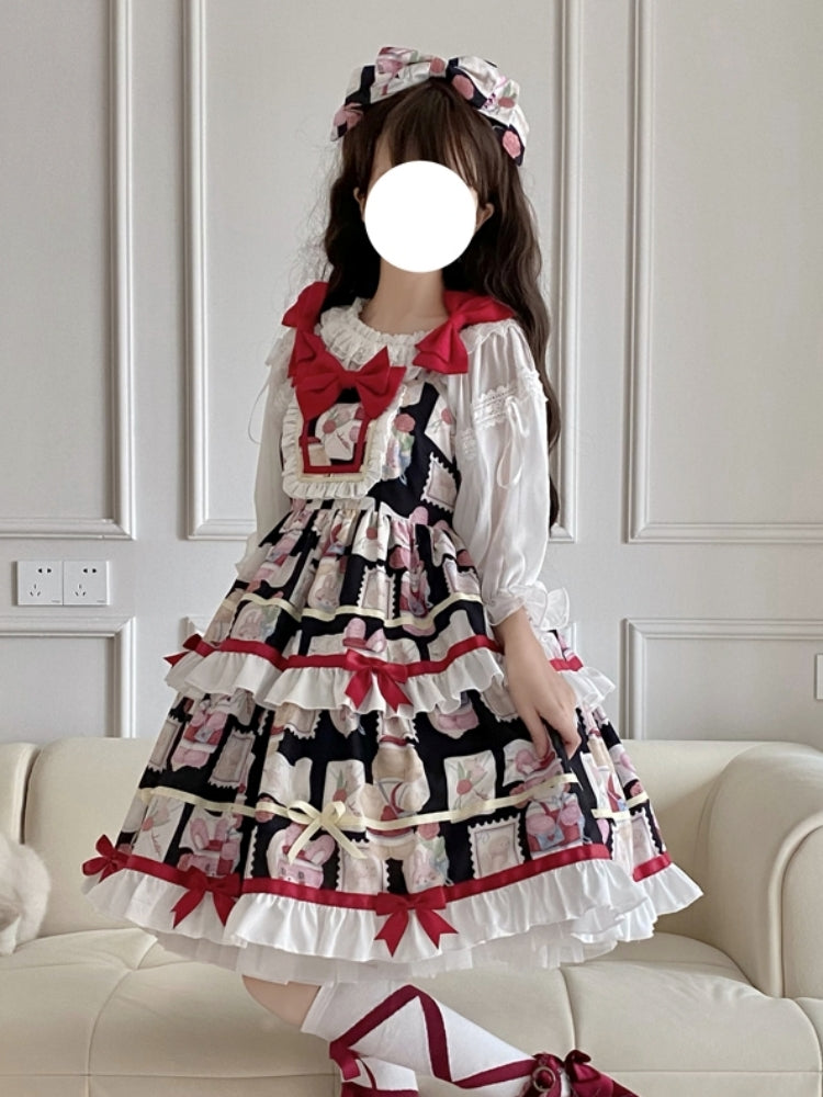 Retro All-Over Print Tiered Mini Ribbon Lolita Dress EIY0039