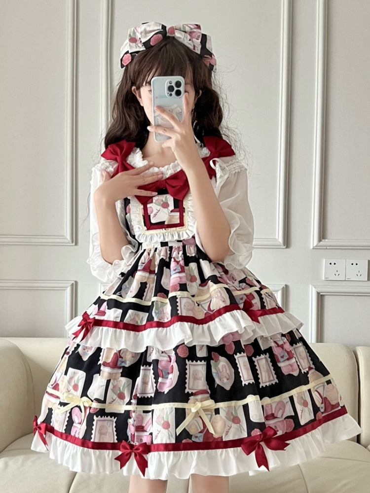 Retro All-Over Print Tiered Mini Ribbon Lolita Dress EIY0039