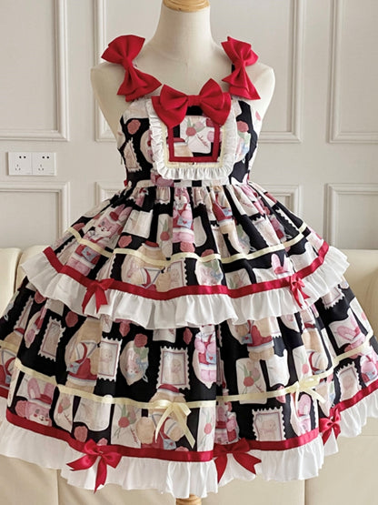 Retro All-Over Print Tiered Mini Ribbon Lolita Dress EIY0039