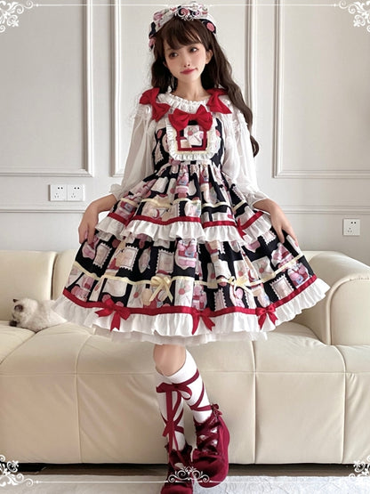 Retro All-Over Print Tiered Mini Ribbon Lolita Dress EIY0039