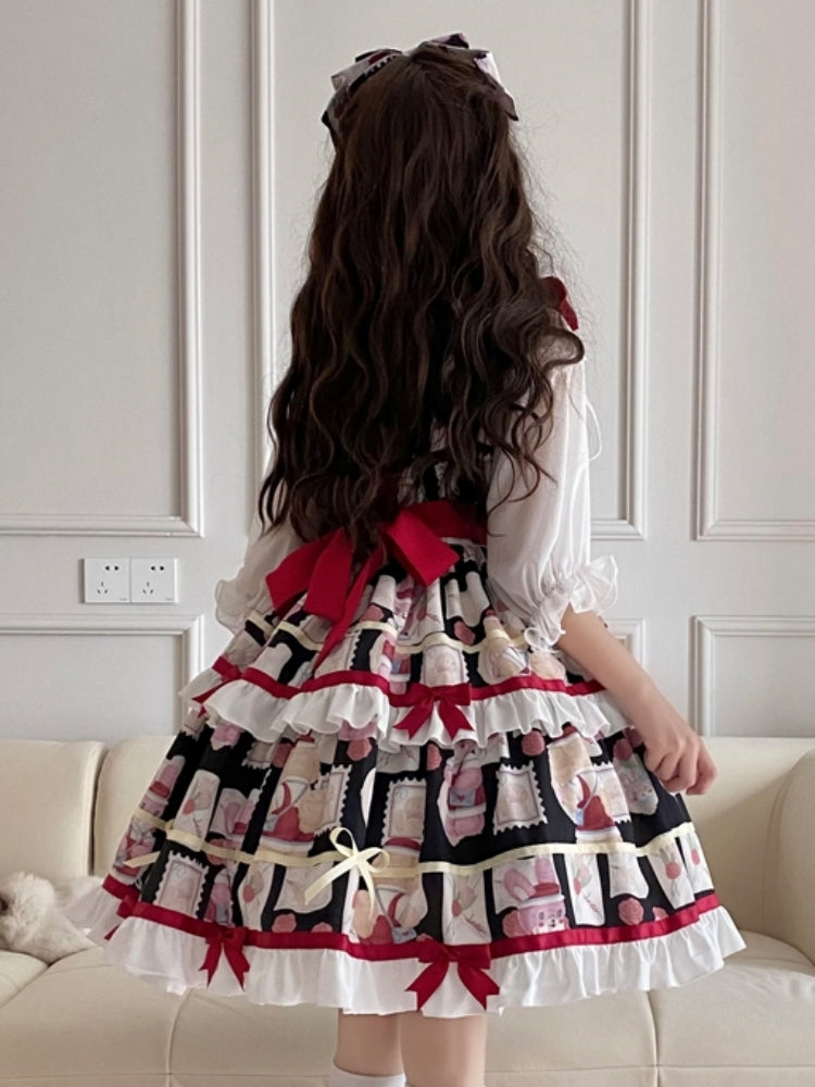 Retro All-Over Print Tiered Mini Ribbon Lolita Dress EIY0039