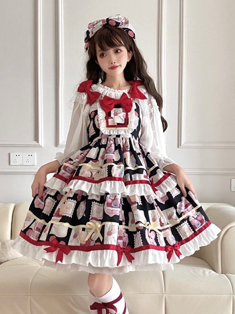 Retro All-Over Print Tiered Mini Ribbon Lolita Dress EIY0039