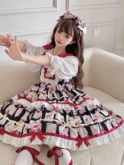 Retro All-Over Print Tiered Mini Ribbon Lolita Dress EIY0039