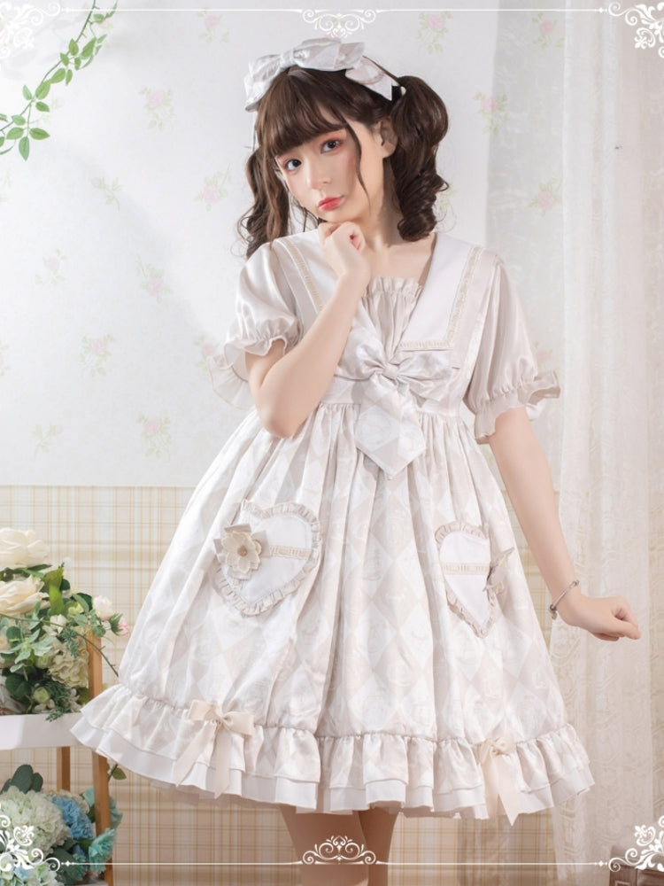 Alice Bunny Light Beige Puff Sleeve Dress EIY0042