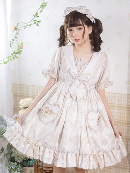 Alice Bunny Light Beige Puff Sleeve Dress EIY0042