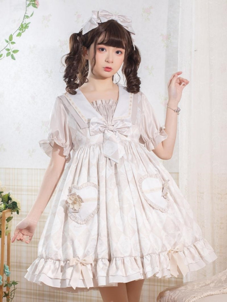 Alice Bunny Light Beige Puff Sleeve Dress EIY0042