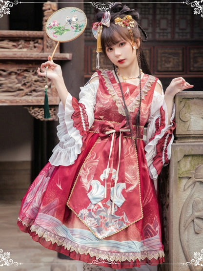 Chinese-Style Print Frill Sleeve Dress EIY0046