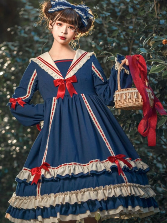 Frill Ribbon Blue and Red Long Dress EIY0054