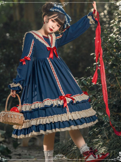 Frill Ribbon Blue and Red Long Dress EIY0054