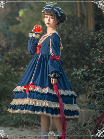 Frill Ribbon Blue and Red Long Dress EIY0054