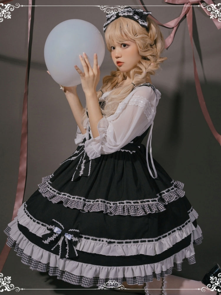 Black and White Check Print Ribbon Frill Sweet Dress EIY0073