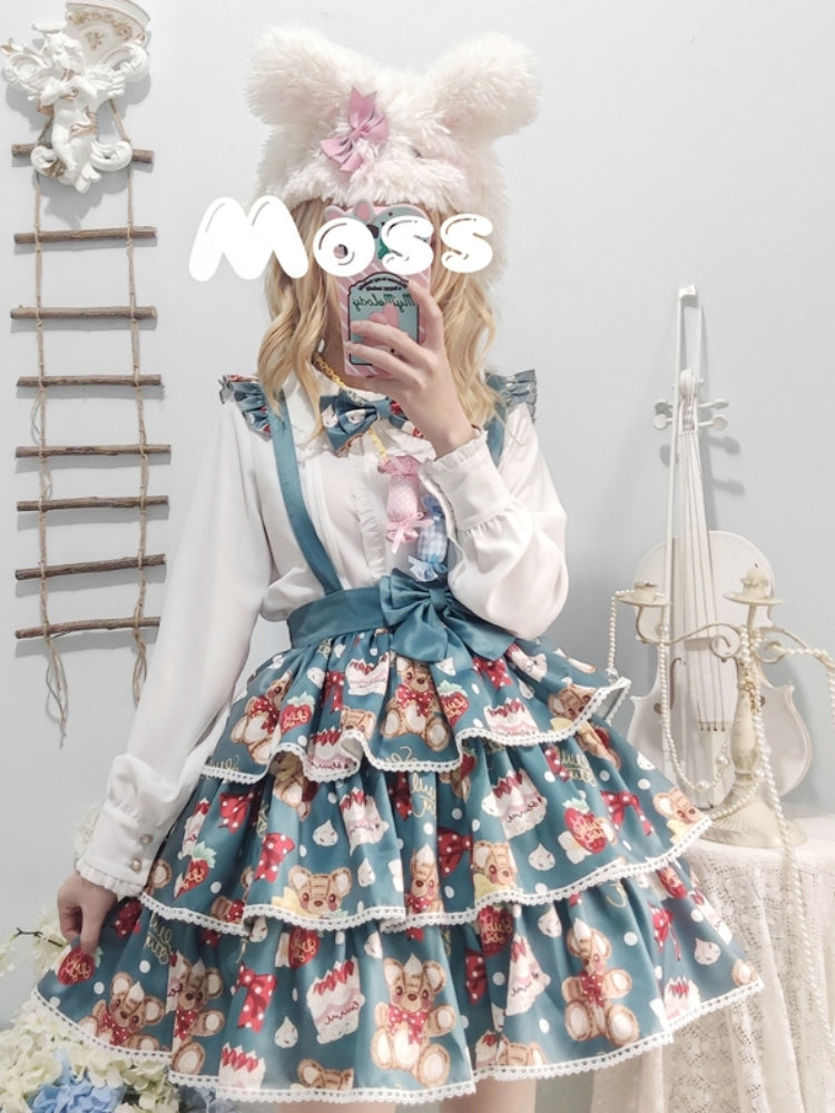 Bear Strawberry Print 3-Tiered Suspender Skirt EIY0055