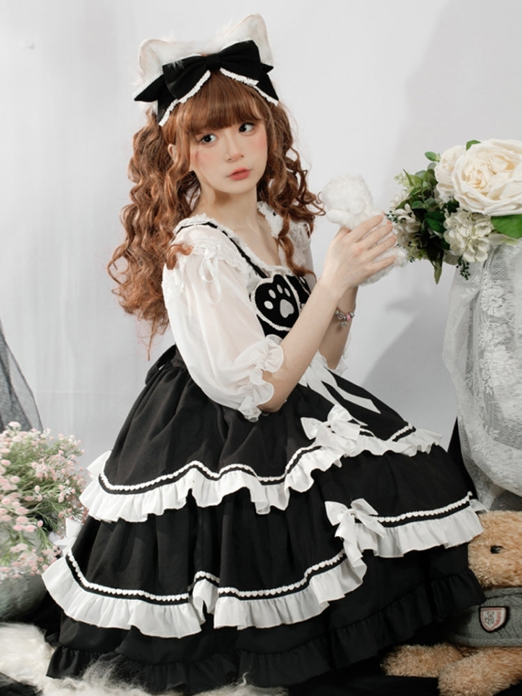 Black Dress with White Ribbon and Paw Print Silhouette EIY0081