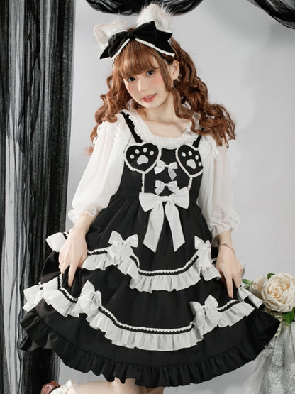 Black Dress with White Ribbon and Paw Print Silhouette EIY0081