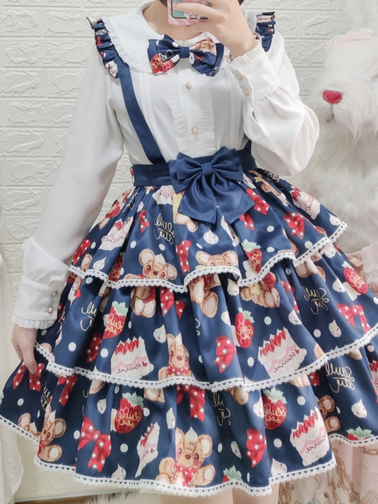 Bear Strawberry Print 3-Tiered Suspender Skirt EIY0055