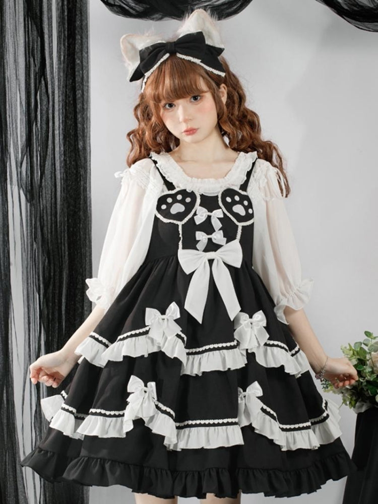 Black Dress with White Ribbon and Paw Print Silhouette EIY0081