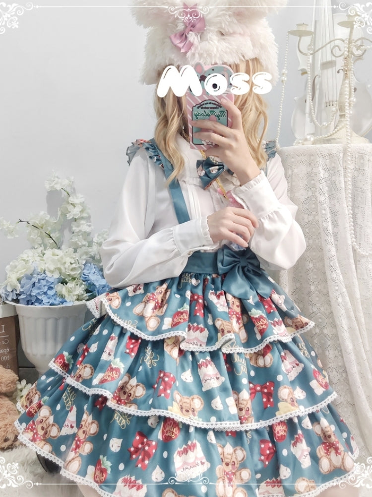 Bear Strawberry Print 3-Tiered Suspender Skirt EIY0055