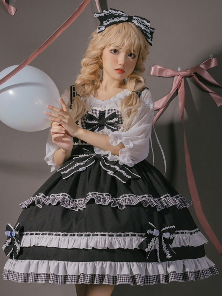 Black and White Check Print Ribbon Frill Sweet Dress EIY0073