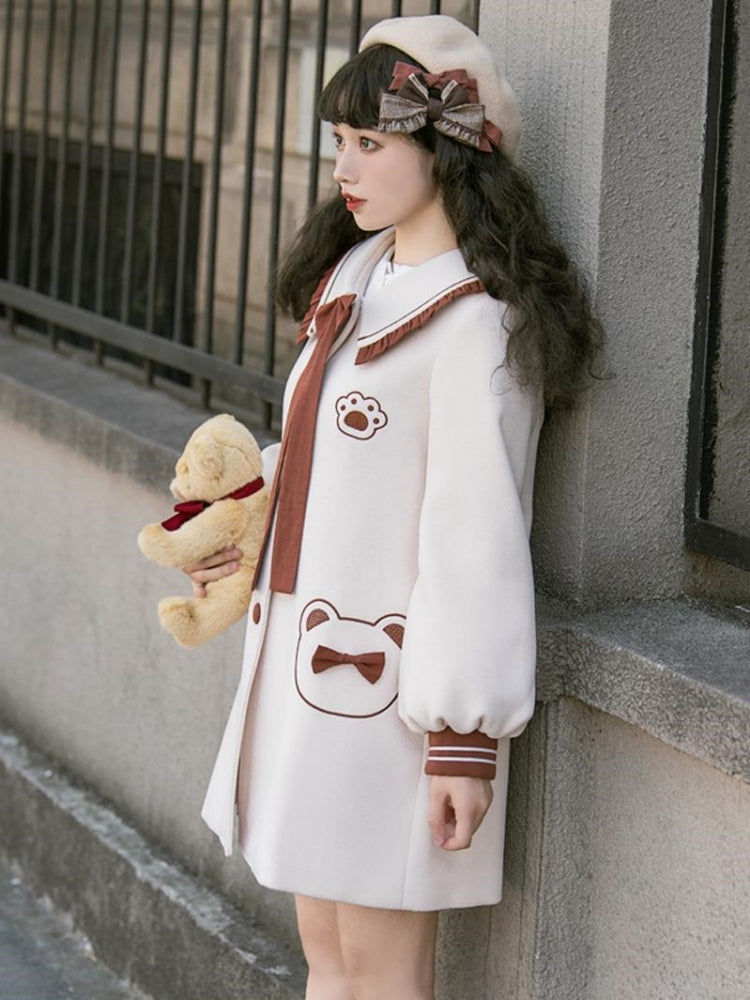 Bear Print School-Style Knee-Length Coat EIY0070