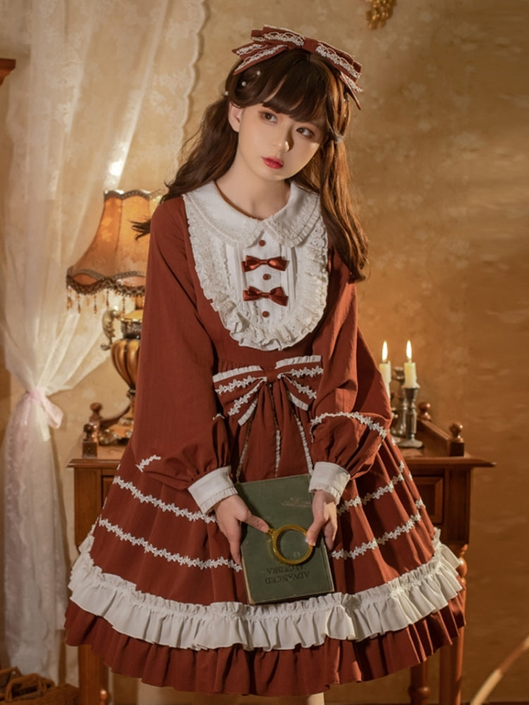 Brown Bunny Ear Ribbon Long Sleeve Dress EIY0071