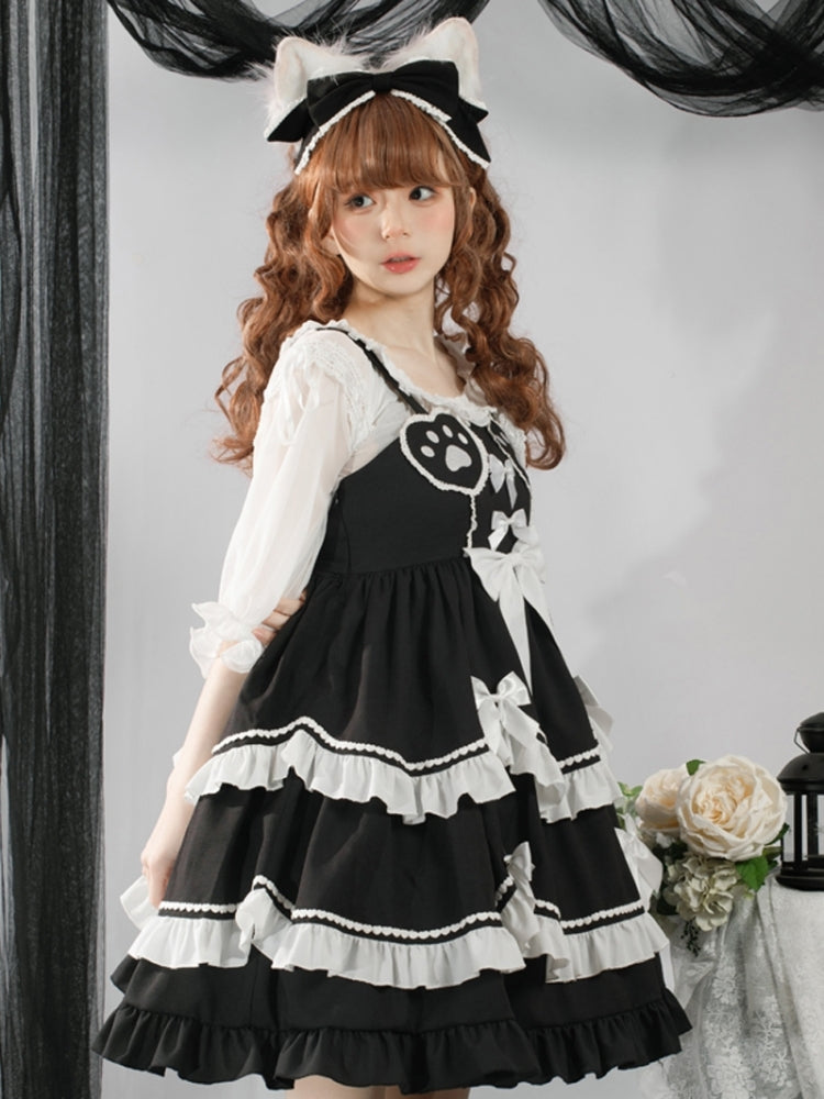 Black Dress with White Ribbon and Paw Print Silhouette EIY0081