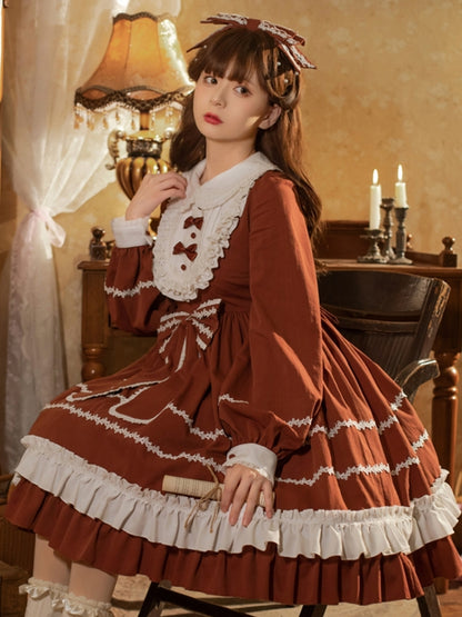 Brown Bunny Ear Ribbon Long Sleeve Dress EIY0071