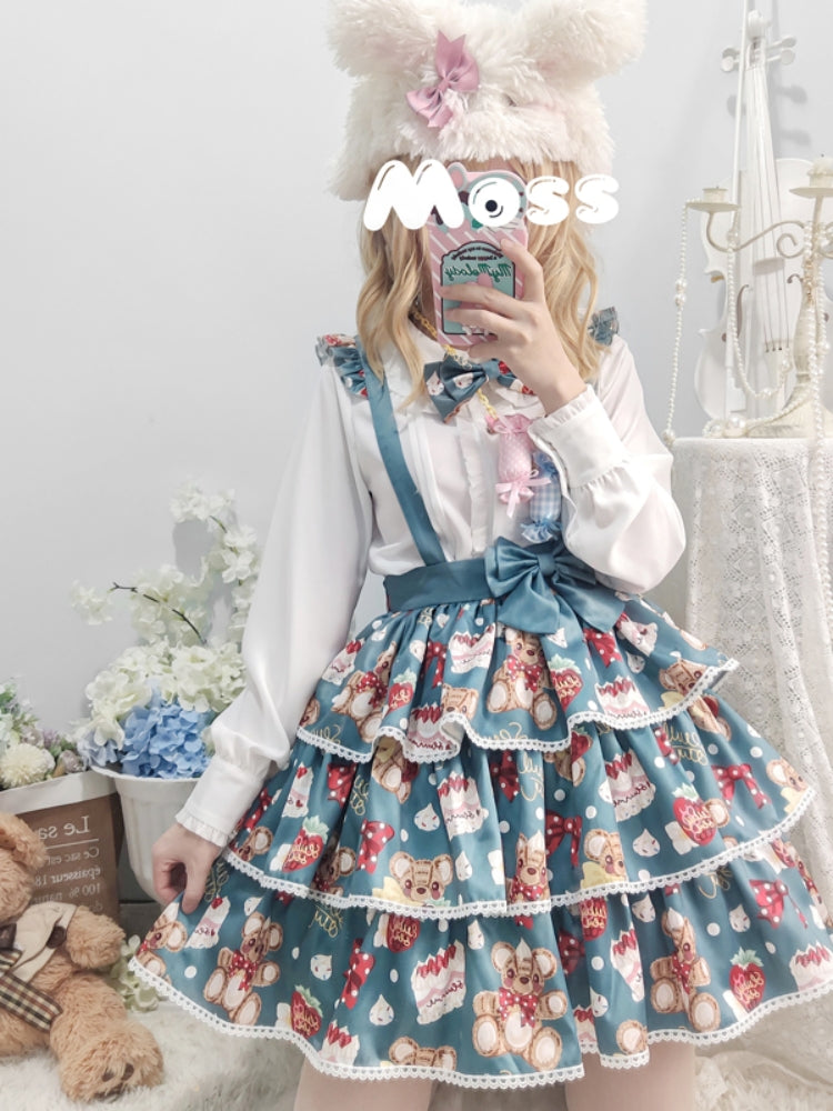 Bear Strawberry Print 3-Tiered Suspender Skirt EIY0055