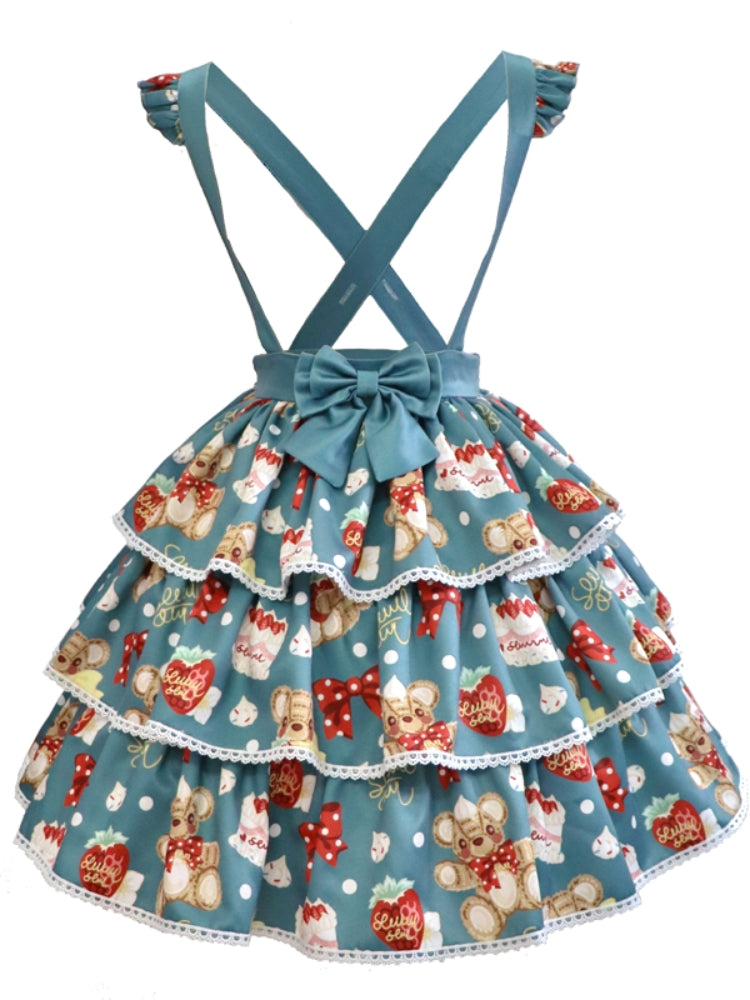 Bear Strawberry Print 3-Tiered Suspender Skirt EIY0055