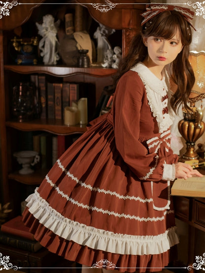 Brown Bunny Ear Ribbon Long Sleeve Dress EIY0071