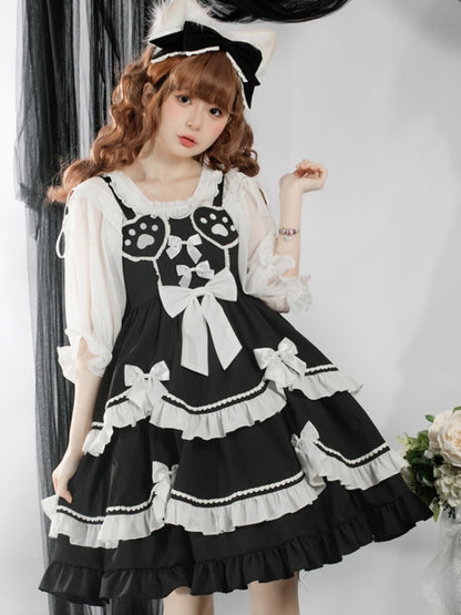 Black Dress with White Ribbon and Paw Print Silhouette EIY0081