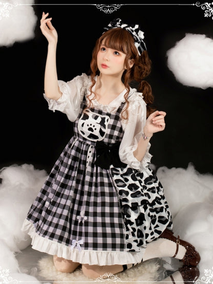 Black Check and Leopard Print Mixed Dress EIY0083