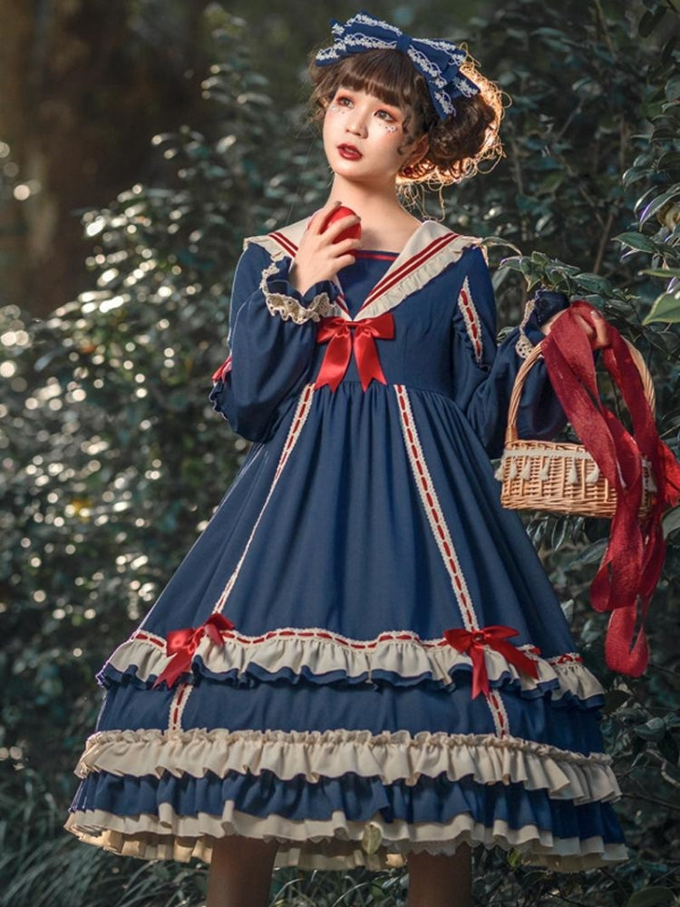 Frill Ribbon Blue and Red Long Dress EIY0054