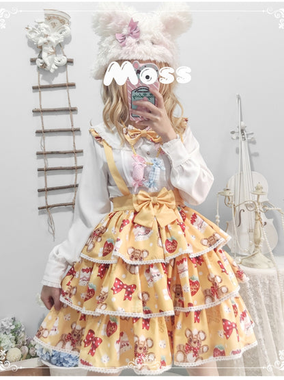 Bear Strawberry Print 3-Tiered Suspender Skirt EIY0055