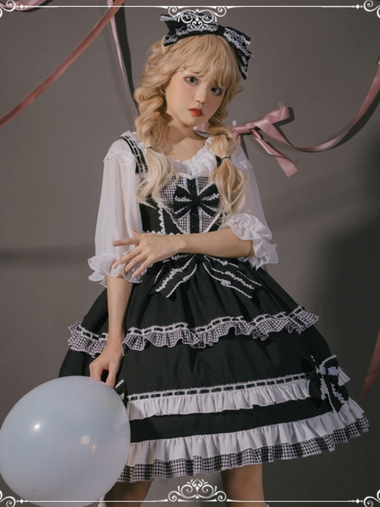 Black and White Check Print Ribbon Frill Sweet Dress EIY0073