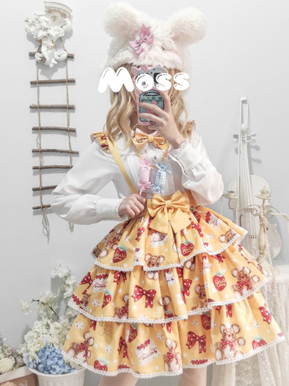 Bear Strawberry Print 3-Tiered Suspender Skirt EIY0055