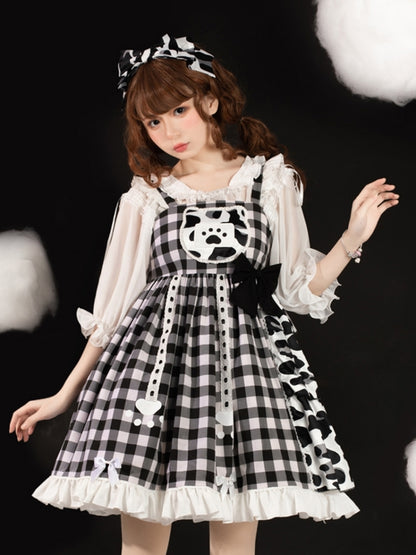 Black Check and Leopard Print Mixed Dress EIY0083