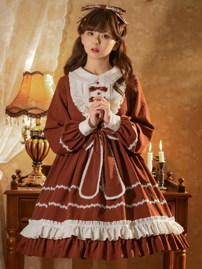 Brown Bunny Ear Ribbon Long Sleeve Dress EIY0071