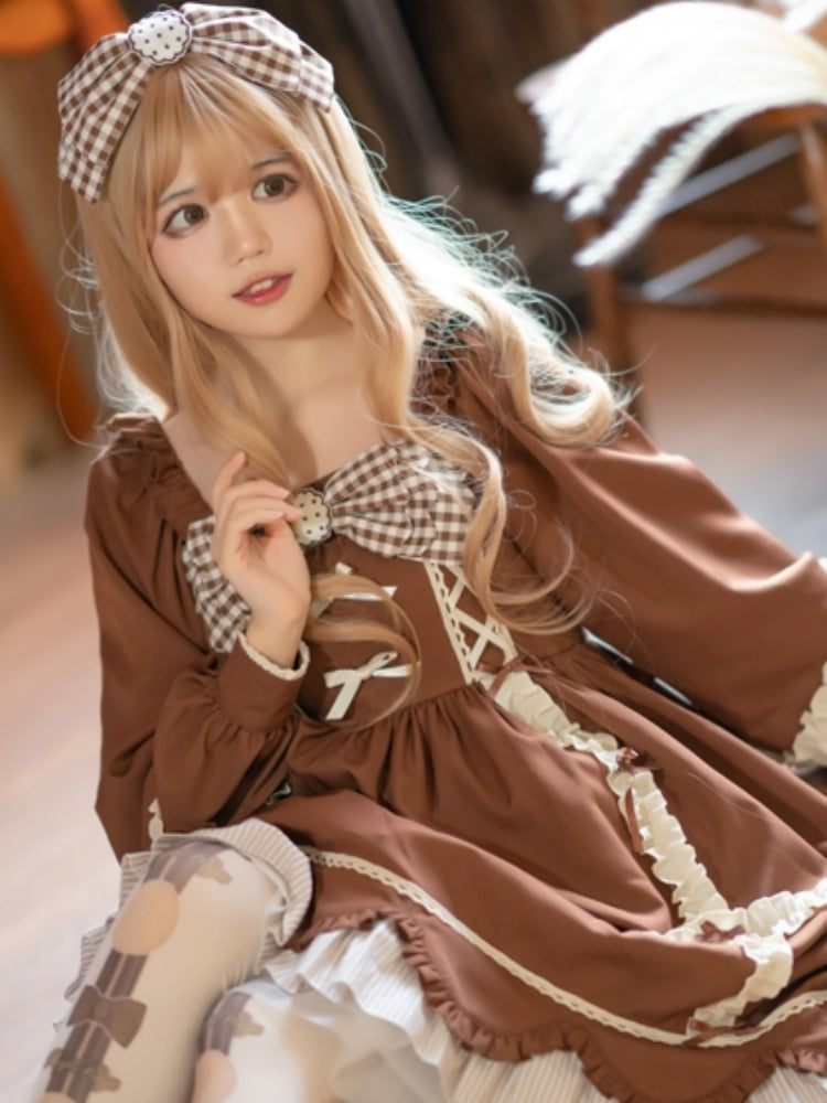 Brown Check Frill Ribbon Long Sleeve Dress EIY0072