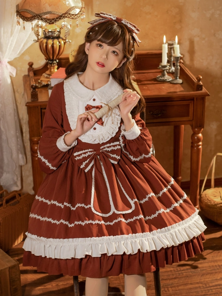 Brown Bunny Ear Ribbon Long Sleeve Dress EIY0071