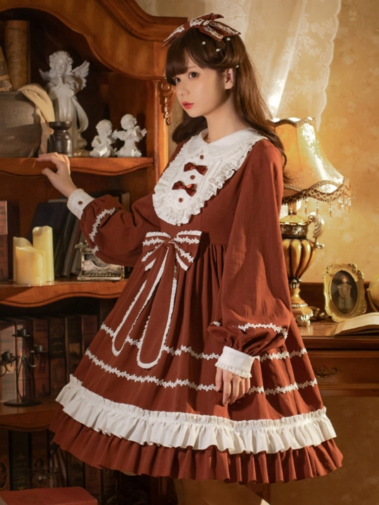 Brown Bunny Ear Ribbon Long Sleeve Dress EIY0071