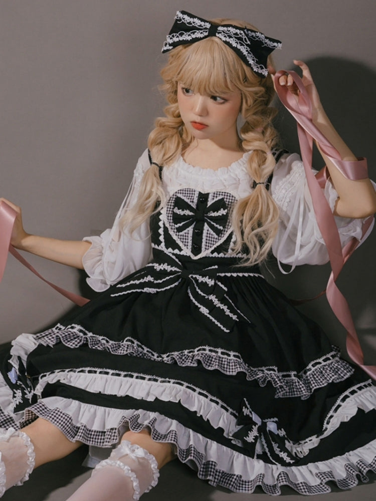 Black and White Check Print Ribbon Frill Sweet Dress EIY0073