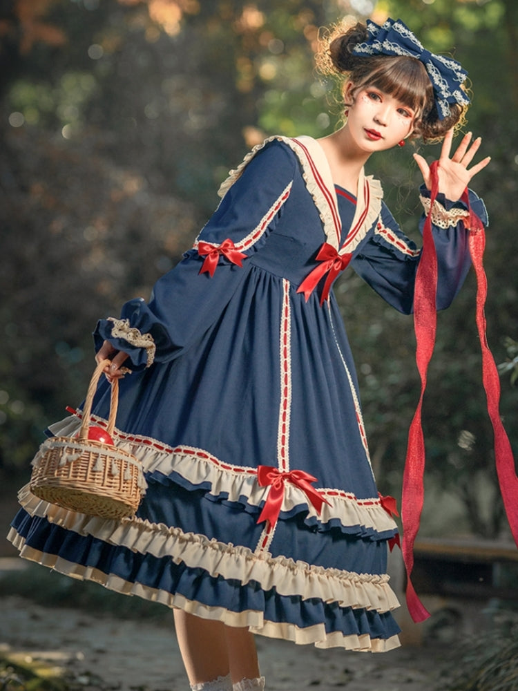 Frill Ribbon Blue and Red Long Dress EIY0054