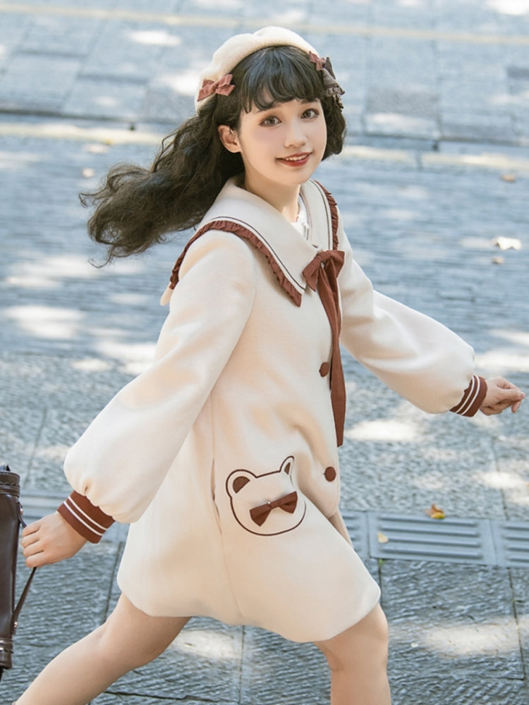 Bear Print School-Style Knee-Length Coat EIY0070