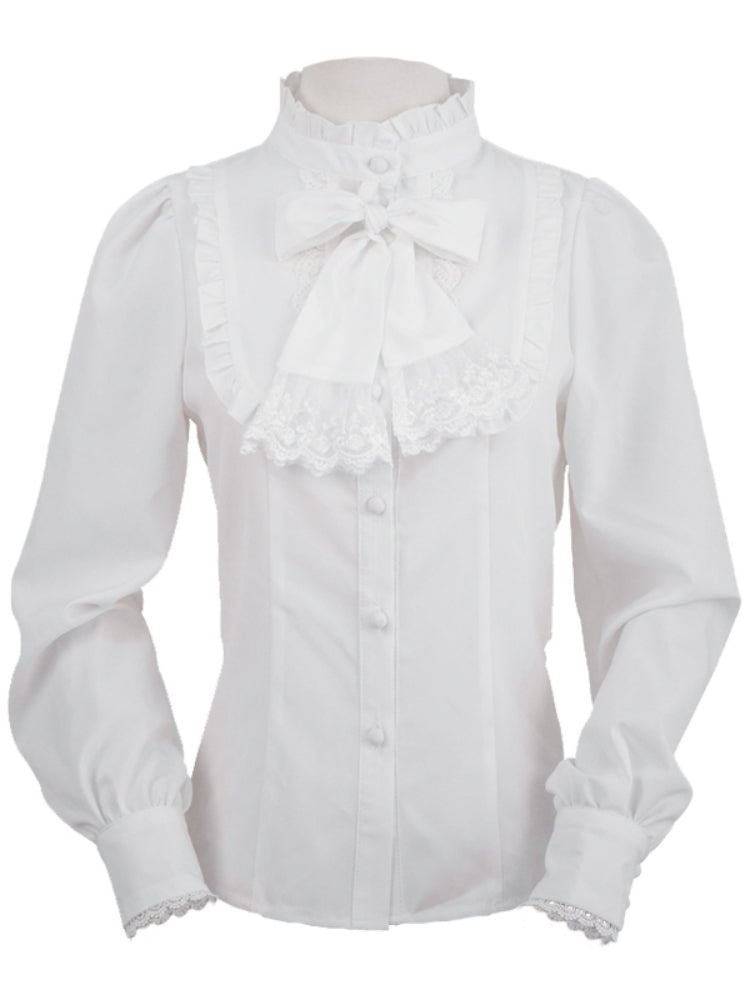 Stand Collar Ribbon Frill Long Sleeve Shirt EIY0059