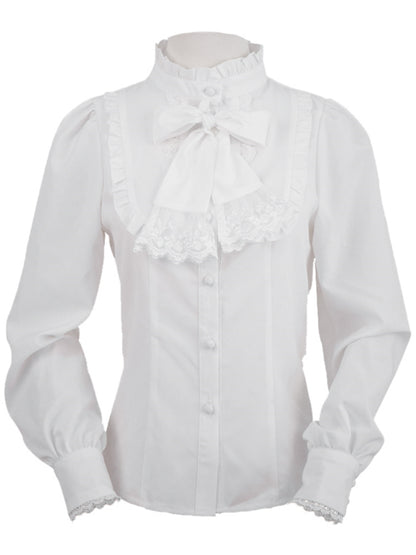 Stand Collar Ribbon Frill Long Sleeve Shirt EIY0059