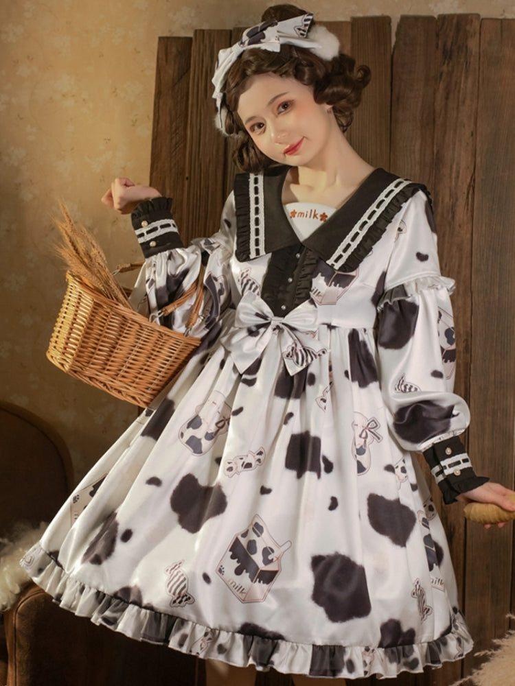 White and Black Cow Print Sailor Collar Dress EIY0076