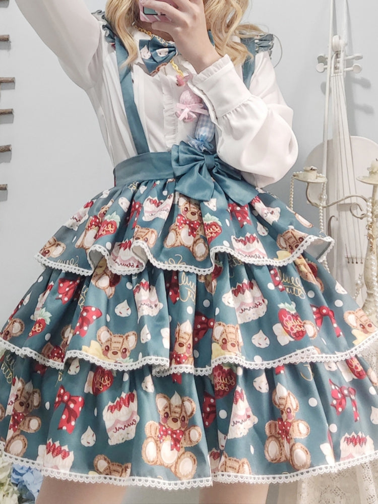 Bear Strawberry Print 3-Tiered Suspender Skirt EIY0055