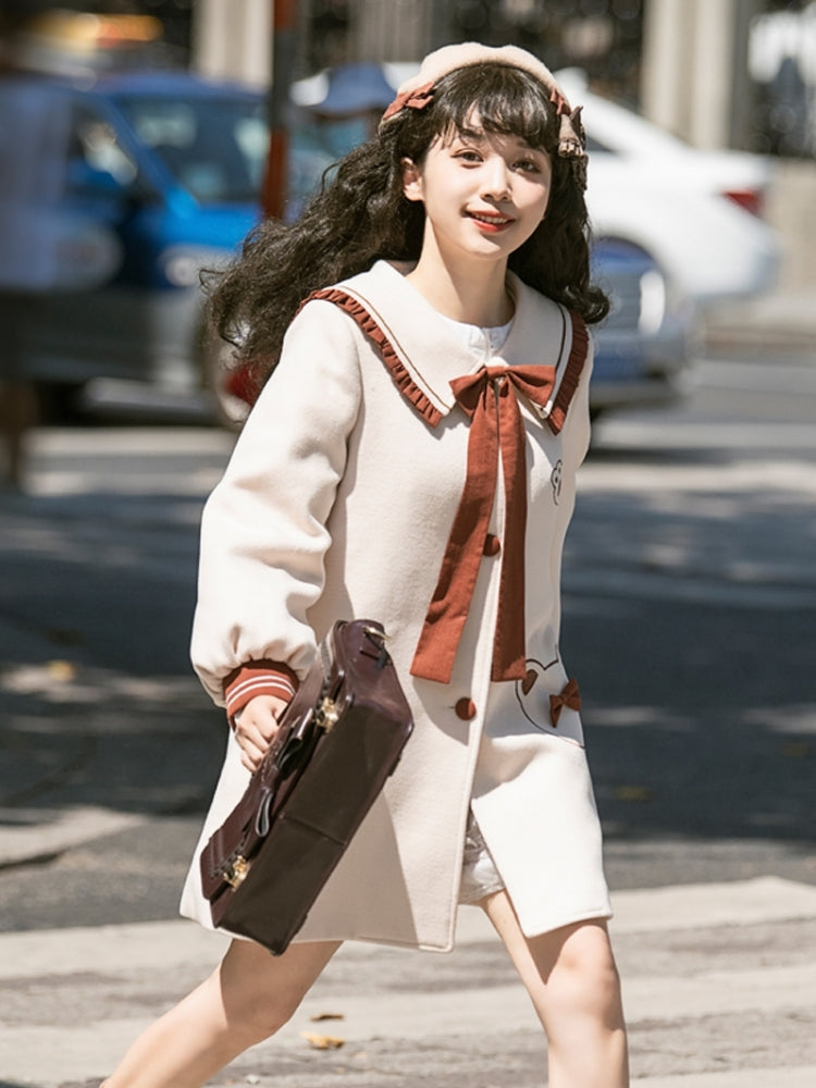 Bear Print School-Style Knee-Length Coat EIY0070