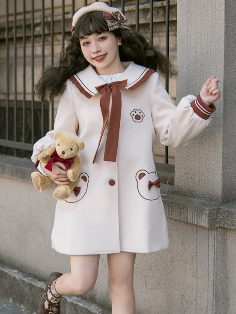 Bear Print School-Style Knee-Length Coat EIY0070