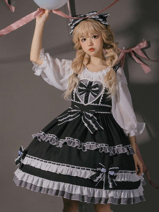 Black and White Check Print Ribbon Frill Sweet Dress EIY0073